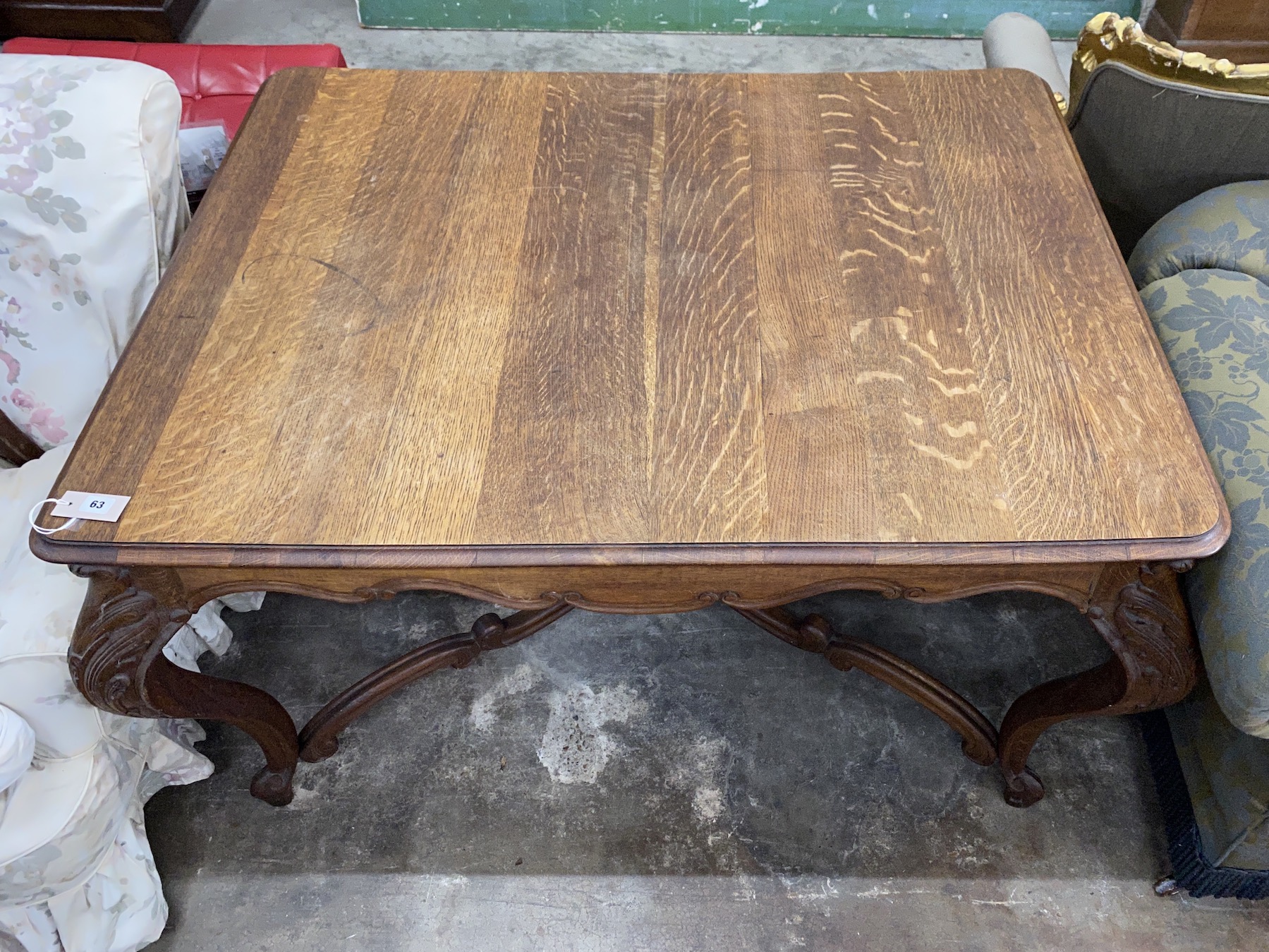 An early 20th century French rectangular oak centre/dining table with shaped 'X' stretcher, length 128cm, depth, 98cm, height 75cm
